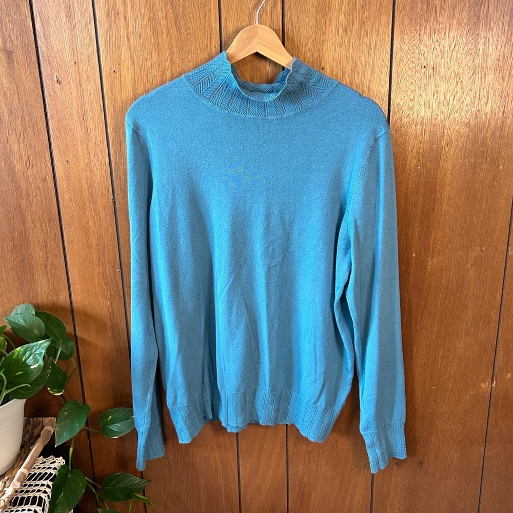 Vintage Joseph A Teal Blue Mock Neck Sweater Knit Top Women's Size L Cottagecore